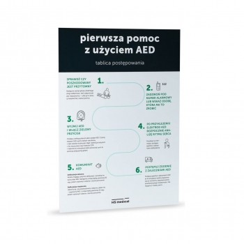 Tablica krok po kroku AED PIERWSZA POMOC zielona lub różowa 42 cm x 60 cm